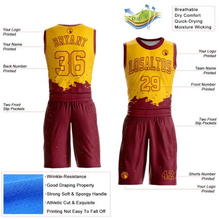 Custom Name and Number Basketball Jersey Suit - Personalized Yellow Maroon Color Splash Round Neck Sublimation Personalized