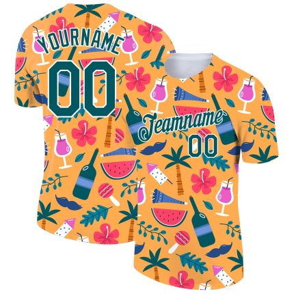 Custom Team Name Number T-Shirt - Personalized 3D Yellow Midnight Green-White Pattern Design for Hawaii Summer Holiday Personalized