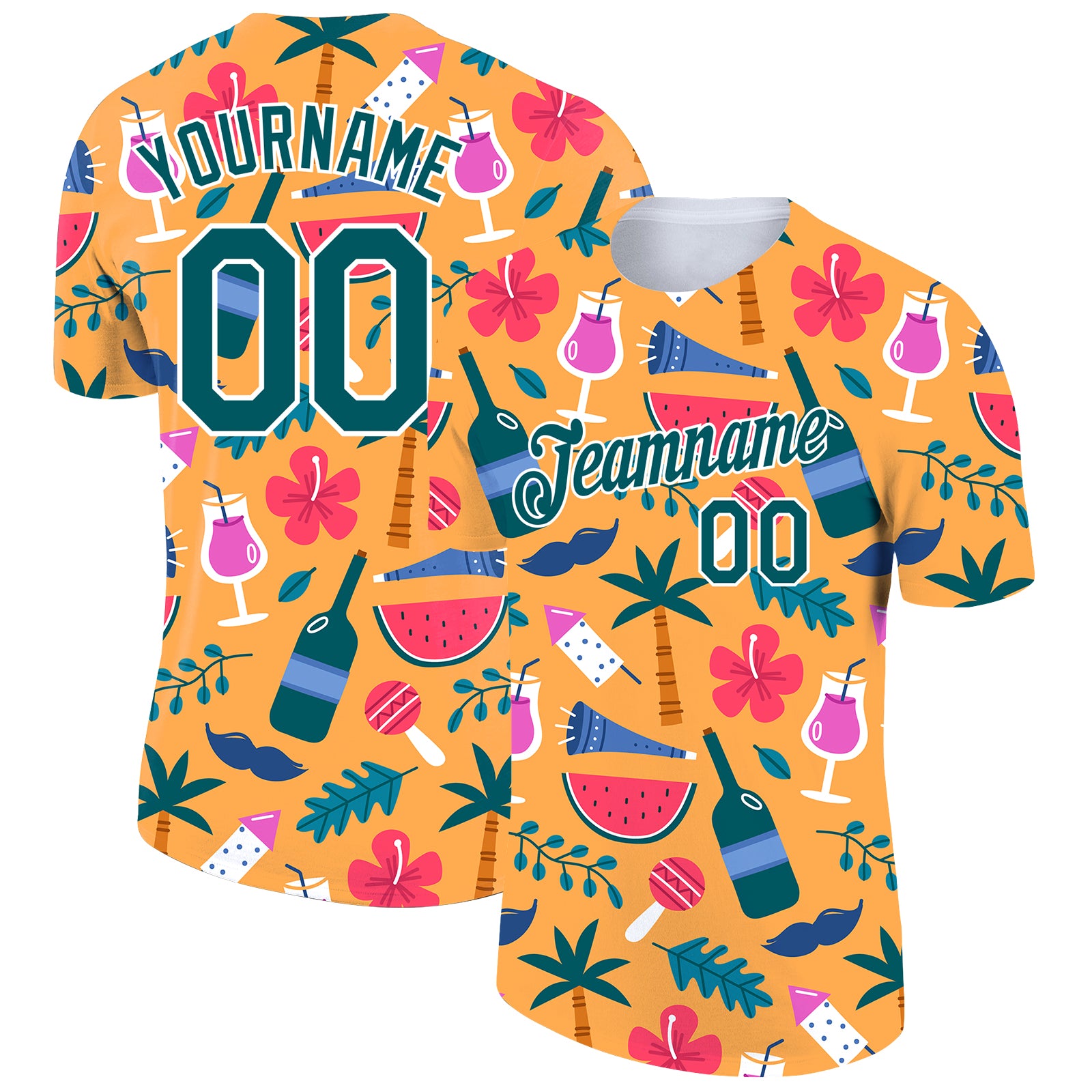 Custom Team Name Number T-Shirt - Personalized 3D Yellow Midnight Green-White Pattern Design for Hawaii Summer Holiday Personalized