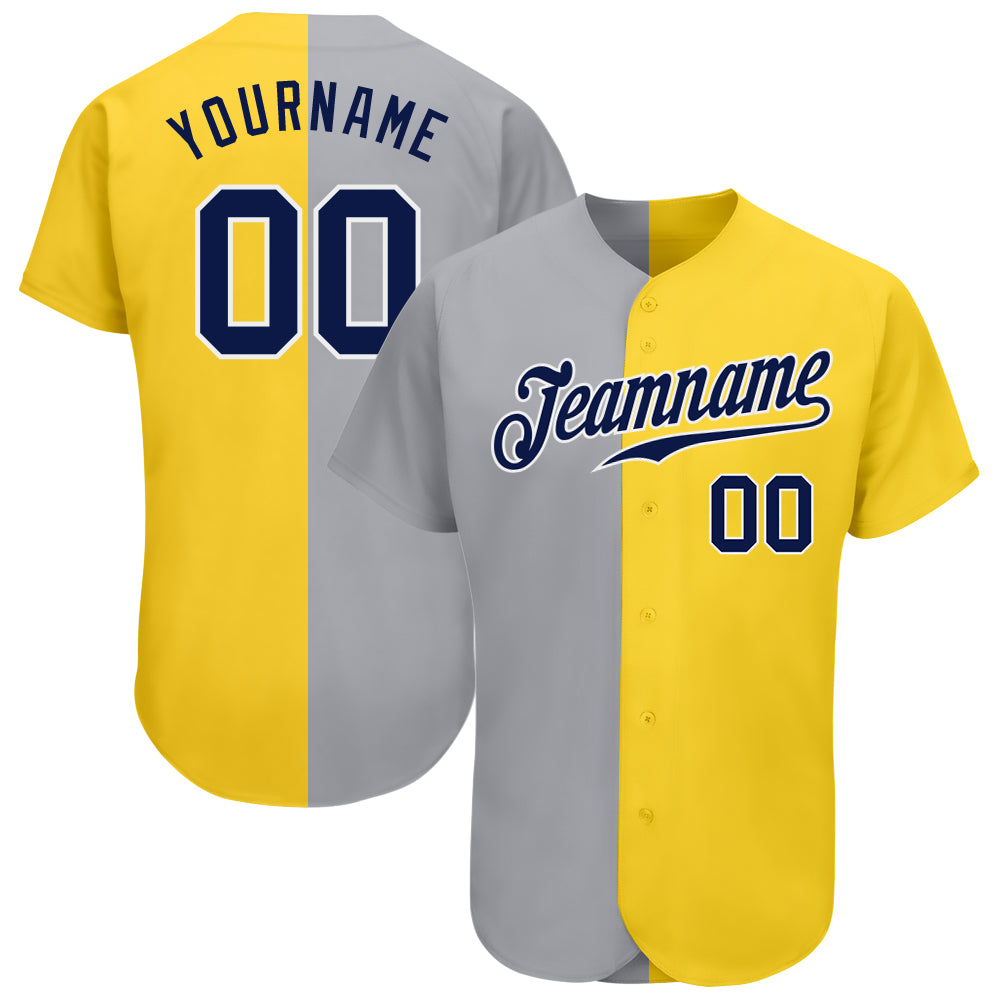 Custom Name and Number Personalized Baseball Jersey in Yellow, Navy, Gray and White - Authentic Split Fashion Style Personalized