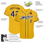 Custom Personalized Navy Yellow Pinstripe Baseball Jersey with Team Name and Number Personalized Yellow Navy Pinstripe Navy-White