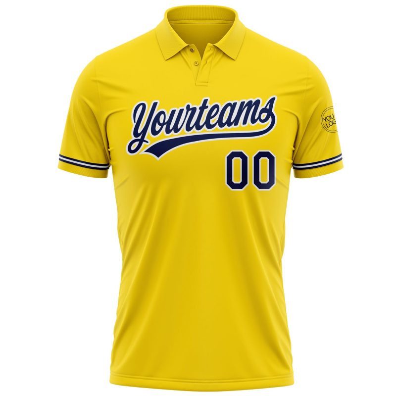 Custom Team Golf Polo Shirt Personalized Yellow Navy-White Performance with Name and Number Personalized Yellow Navy-White