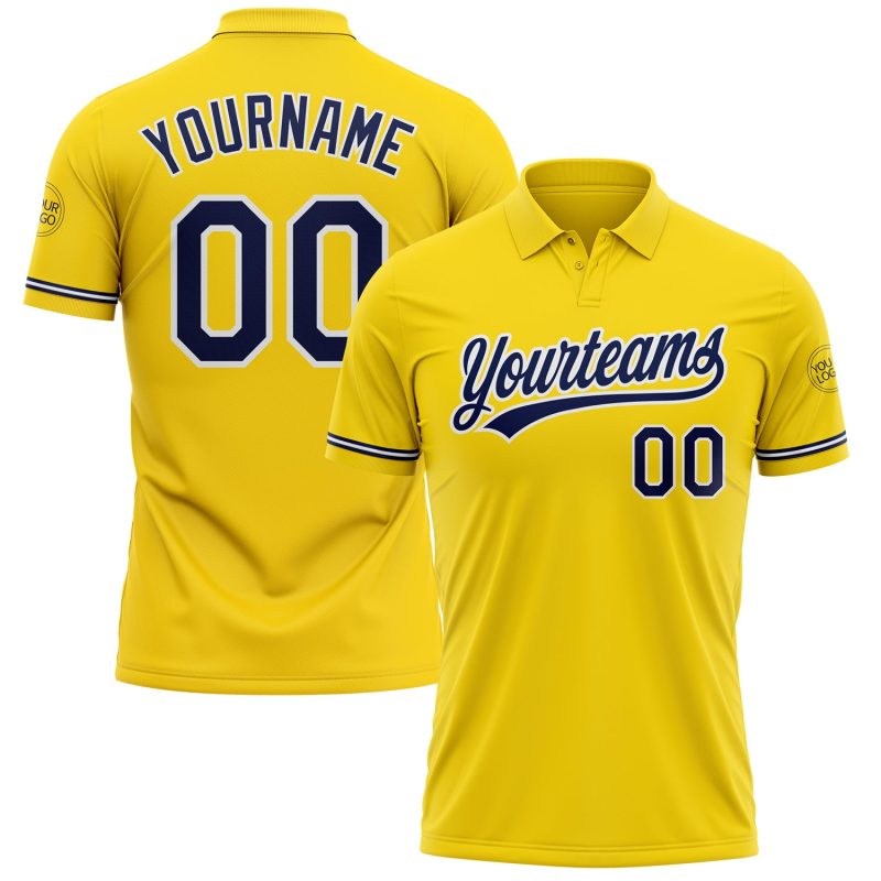 Custom Team Golf Polo Shirt Personalized Yellow Navy-White Performance with Name and Number Personalized Yellow Navy-White