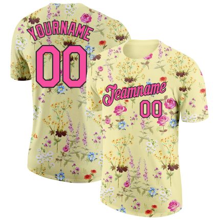 Custom Tropical Hawaii Palms 3D Pattern Performance T-Shirt Personalized Name and Number - Yellow Pink-Black Design Personalized