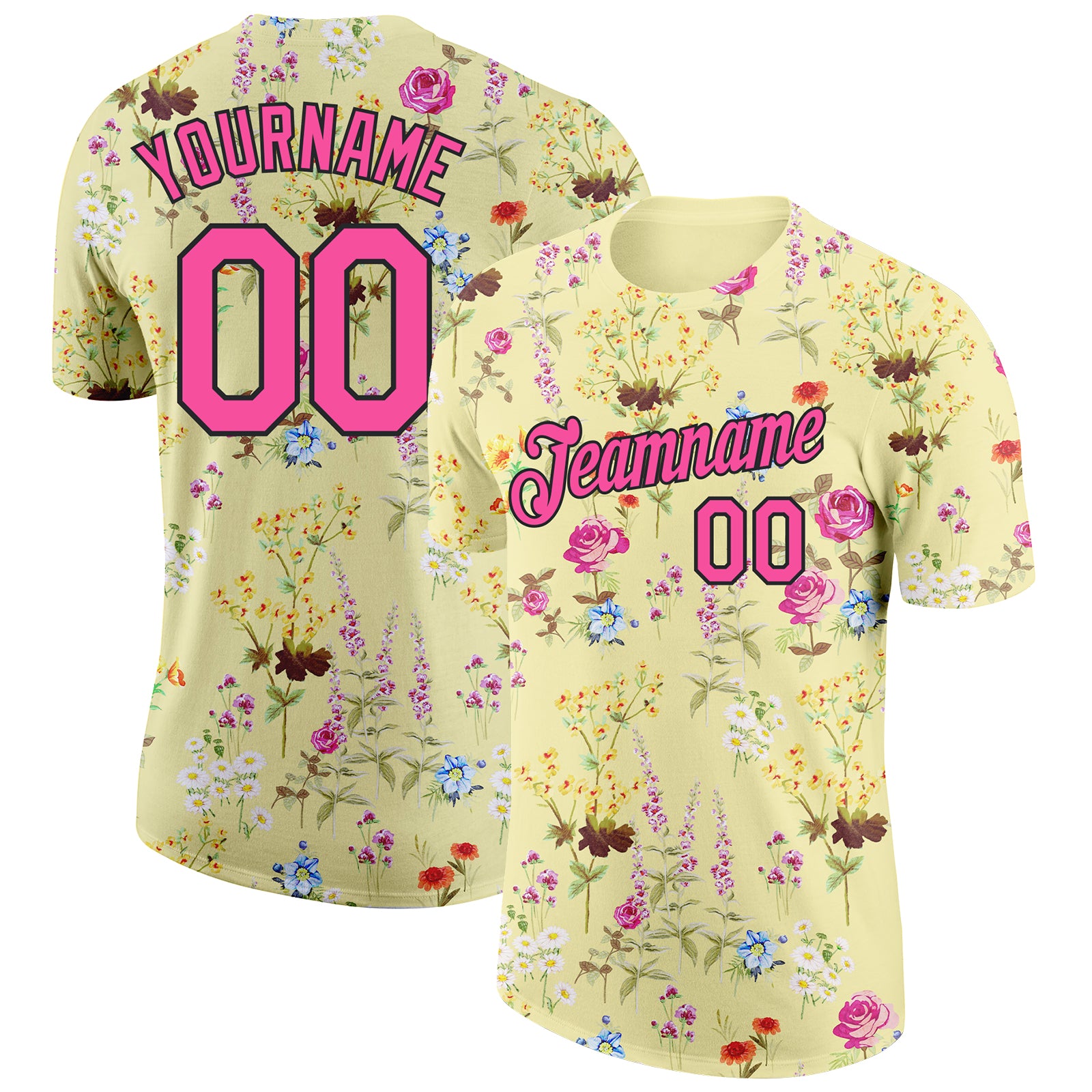 Custom Tropical Hawaii Palms 3D Pattern Performance T-Shirt Personalized Name and Number - Yellow Pink-Black Design Personalized