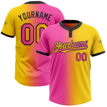 Custom Name Number Softball Jersey Unisex Two-Button Gradient Yellow Pink-Black Fashion Team Wear Personalized Yellow Pink-Black