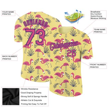 Custom Name Number Tropical Hawaii Flamingo Performance T-Shirt - Personalized 3D Yellow Pink Dark Purple Design Personalized