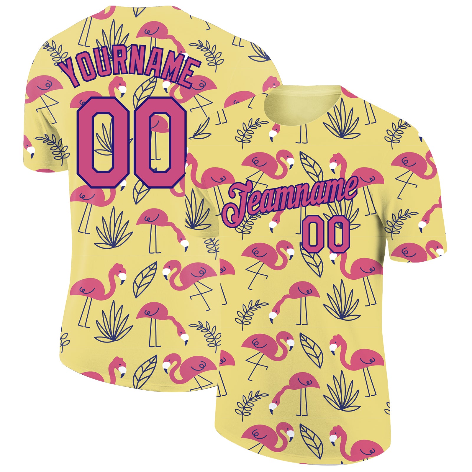 Custom Name Number Tropical Hawaii Flamingo Performance T-Shirt - Personalized 3D Yellow Pink Dark Purple Design Personalized