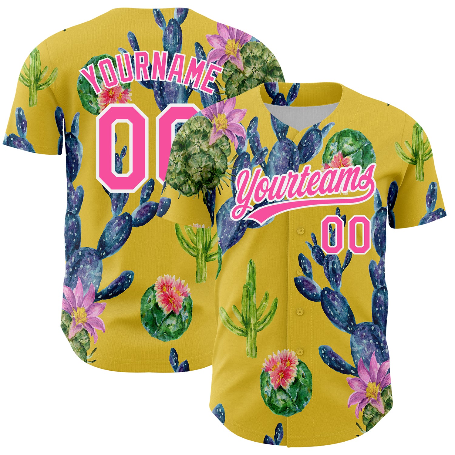 Custom Name and Number Cactus Festival Baseball Jersey - Personalized 3D Yellow Pink-White Design Personalized Yellow Pink-White