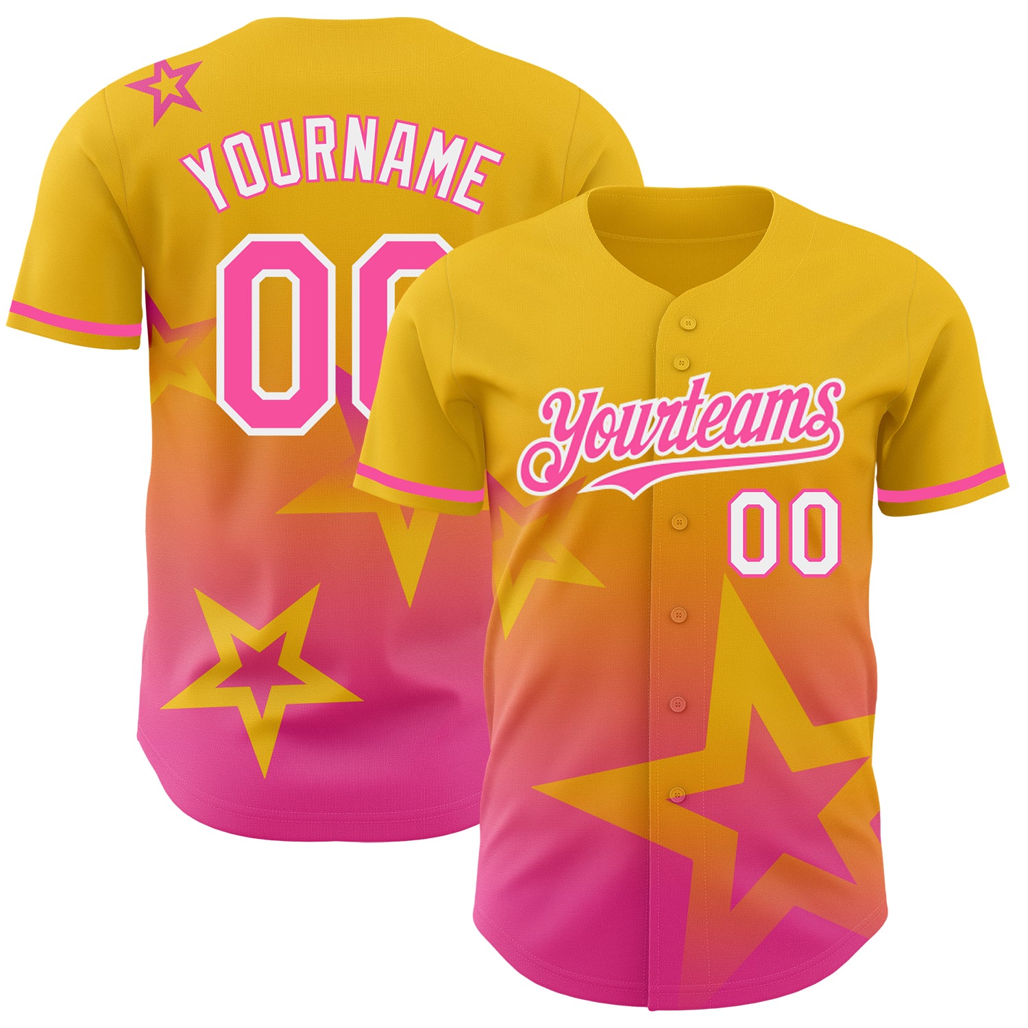 Custom 3D Twinkle Star Baseball Jersey with Personalized Name and Number in Yellow Pink-White Gradient Design Personalized
