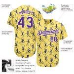 Custom Name and Number Monkey Baseball Jersey - Personalized 3D Yellow Purple-White Design Personalized Yellow Purple-White