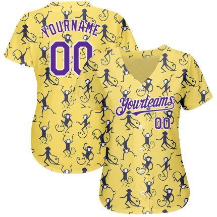 Custom Name and Number Monkey Baseball Jersey - Personalized 3D Yellow Purple-White Design Personalized Yellow Purple-White