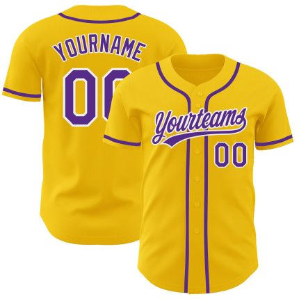 Custom Authentic Baseball Jersey with Personalized Name and Number - Yellow Purple-White Team Colors Personalized Yellow