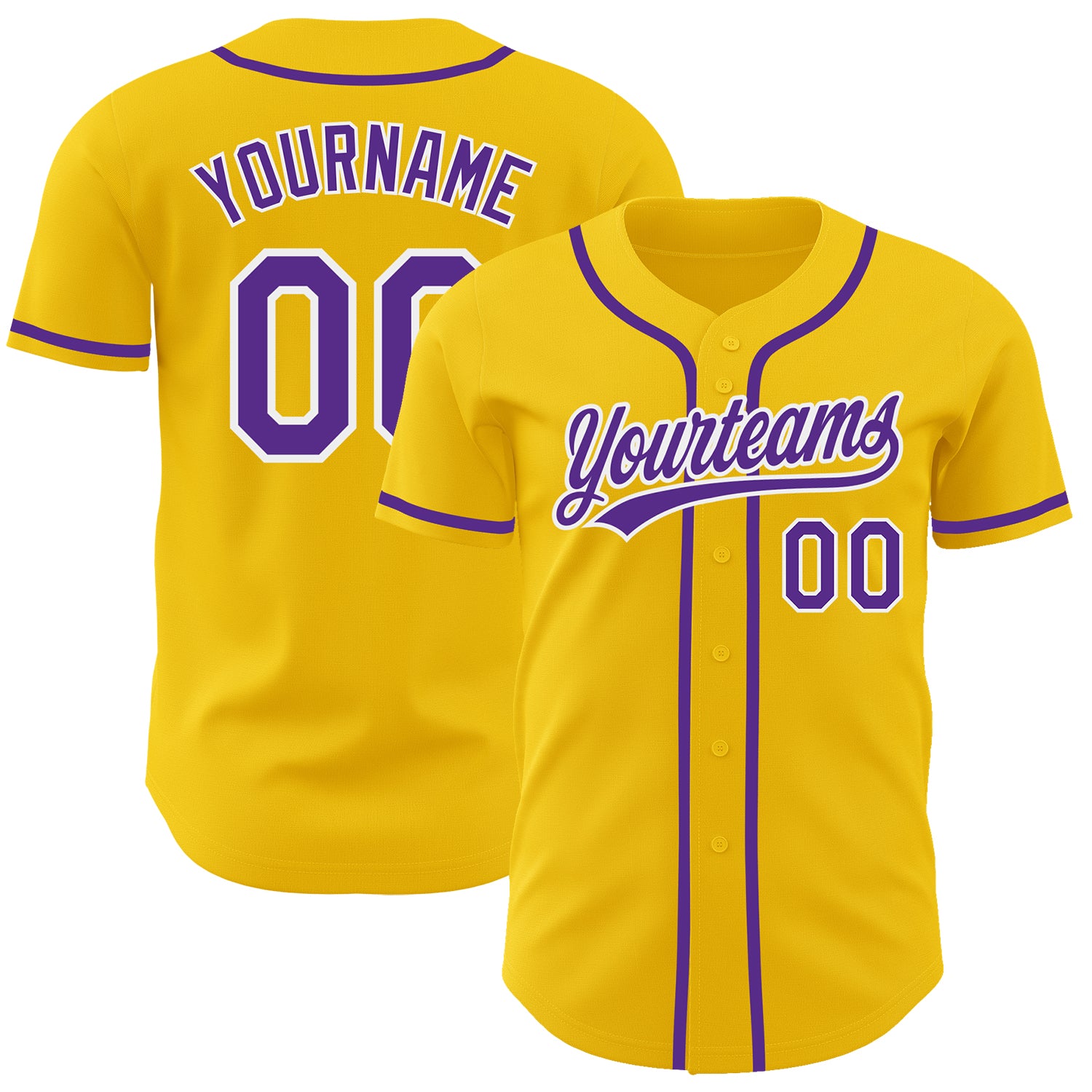 Custom Authentic Baseball Jersey with Personalized Name and Number - Yellow Purple-White Team Colors Personalized Yellow