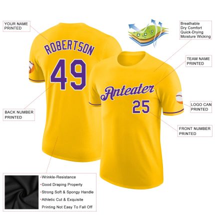Custom Team Performance T-Shirt with Name and Number - Personalized Yellow Purple-White Design Personalized Yellow Purple-White