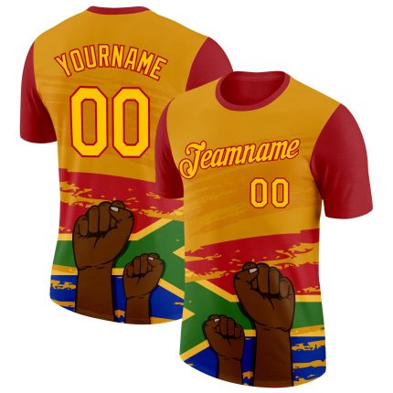 Custom Name and Number Black History Month Performance T-Shirt 3D Pattern Design in Yellow Red Personalized Yellow Red 3D