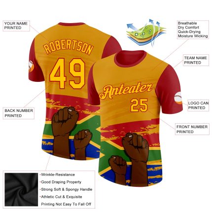 Custom Name and Number Black History Month Performance T-Shirt 3D Pattern Design in Yellow Red Personalized Yellow Red 3D