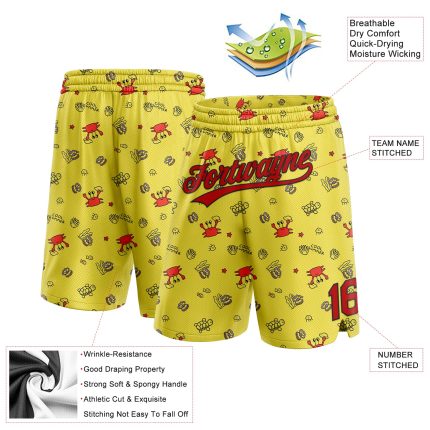 Custom Name Number Basketball Shorts 3D Pattern Crabs Shells Yellow Red Black - Authentic Team Gear Personalized Yellow Red-Black