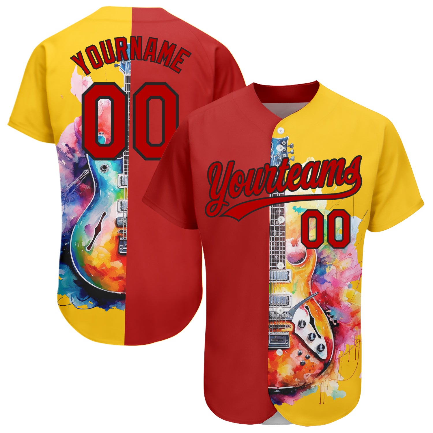 Custom Name Number Baseball Jersey Watercolor Guitar Music Festival 3D Pattern Yellow Red Black Design Personalized Yellow