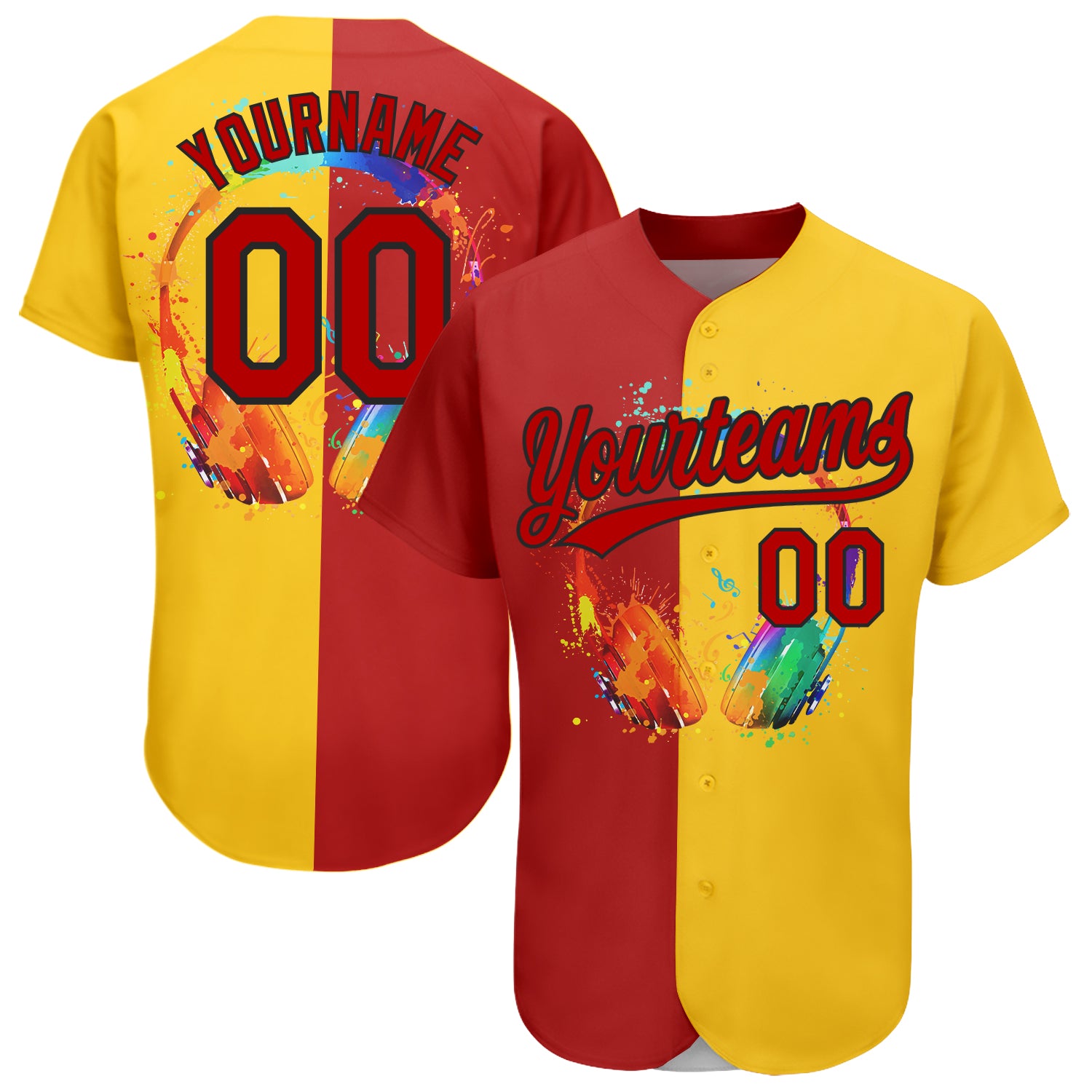 Custom Name and Number Music Festival Baseball Jersey with 3D Yellow Red-Black Watercolor Headphone and Musical Notes Design