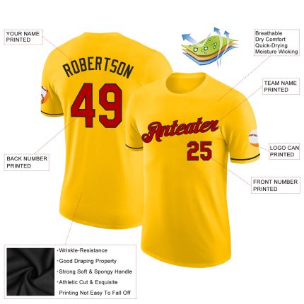 Custom Team Performance T-Shirt with Name and Number in Yellow and Red-Black Design Personalized Yellow Red-Black Performance