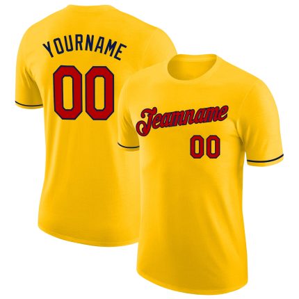 Custom Team Name Number Performance T-Shirt in Yellow Red-Navy - Personalized Sports Tee Personalized Yellow Red-Navy Performance