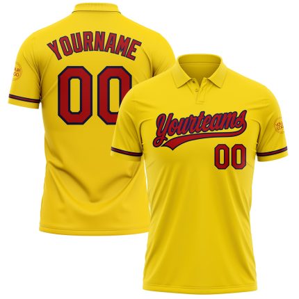 Custom Performance Golf Polo Shirt - Personalized Yellow Red-Navy with Team Name and Number Personalized Yellow Red-Navy