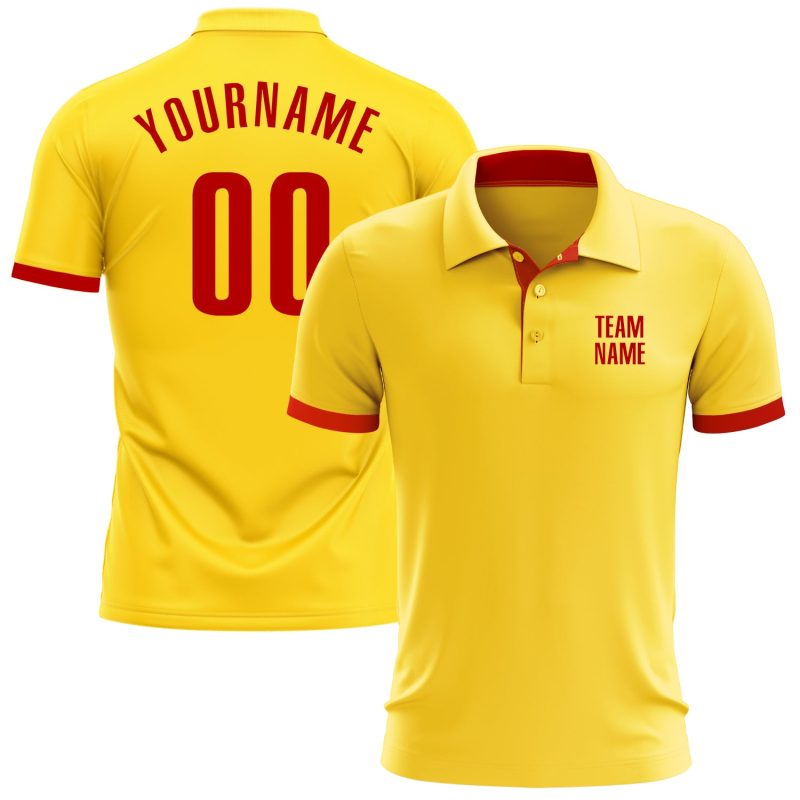 Custom Name and Number Performance Golf Polo Shirt - Personalized Yellow and Red Team Shirt Personalized Yellow Red Performance