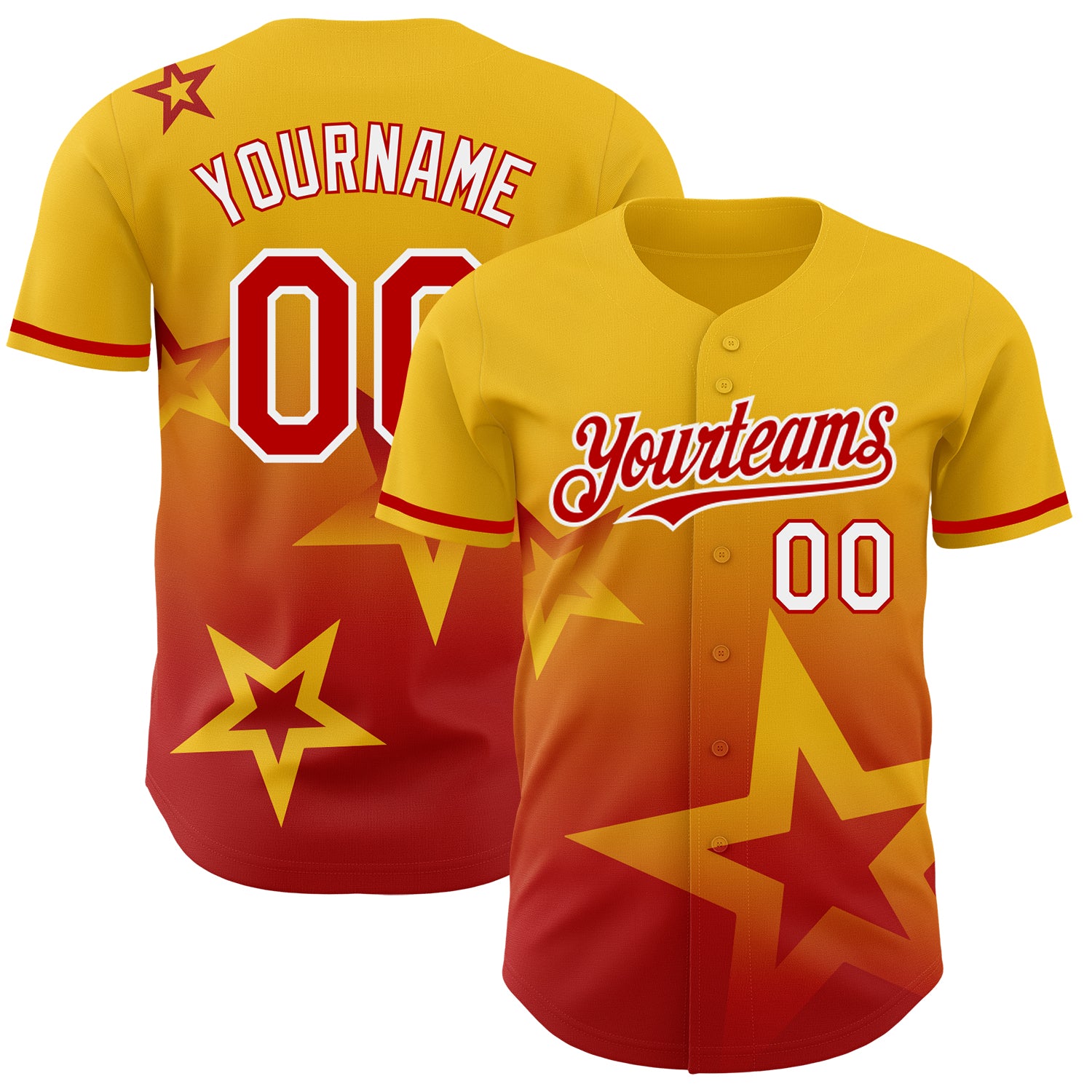 Custom Name and Number Authentic Baseball Jersey with 3D Twinkle Star Gradient Design in Yellow Red-White Personalized Yellow