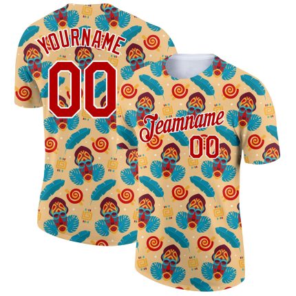 Custom Tropical Palm Leaf Performance T-Shirt with Personalized Name and Number - Yellow Red-White 3D Pattern Design Personalized