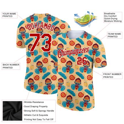 Custom Tropical Palm Leaf Performance T-Shirt with Personalized Name and Number - Yellow Red-White 3D Pattern Design Personalized
