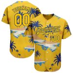 Custom Name Number Baseball Jersey with 3D Pattern Hawaii Palm Trees Yellow Royal Design - Personalized Sun Beach Team Gear