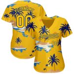 Custom Name Number Baseball Jersey with 3D Pattern Hawaii Palm Trees Yellow Royal Design - Personalized Sun Beach Team Gear