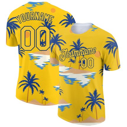 Custom Name and Number Hawaii Palm Trees 3D Pattern Performance T-Shirt - Yellow Royal Design for Beach Team Personalized