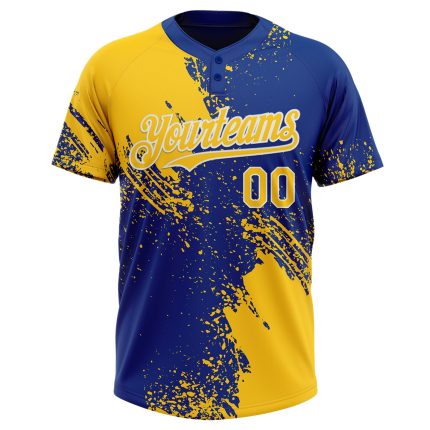 Custom Name Number Softball Jersey Unisex Brush Stroke 3D Pattern Yellow Royal-White Two-Button Design Personalized Yellow