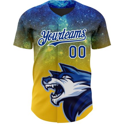 Custom Name & Number 3D Animal Wolf Baseball Jersey - Yellow Royal-White Design Personalized Yellow Royal-White 3D Pattern