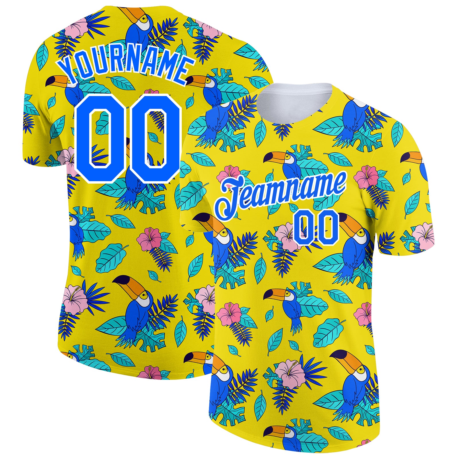 Custom Name and Number Tropical Hawaii Plant Performance T-Shirt with Bird, Personalized Yellow and White 3D Pattern Design