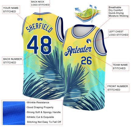 Custom Name and Number Tropical Hawaii Leaves 3D Pattern Basketball Jersey - Personalized Yellow Royal-White Team Jersey