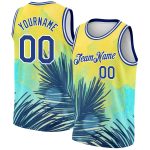 Custom Name and Number Tropical Hawaii Leaves 3D Pattern Basketball Jersey - Personalized Yellow Royal-White Team Jersey