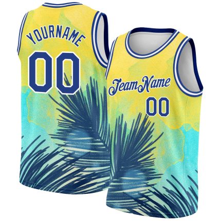 Custom Name and Number Tropical Hawaii Leaves 3D Pattern Basketball Jersey - Personalized Yellow Royal-White Team Jersey