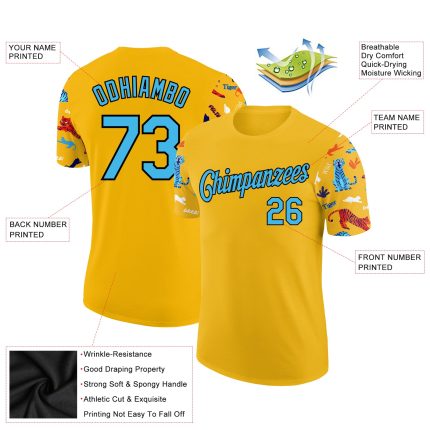Custom Name and Number Tiger Performance T-Shirt - Personalized 3D Pattern in Yellow, Sky Blue, and Black Colors Personalized