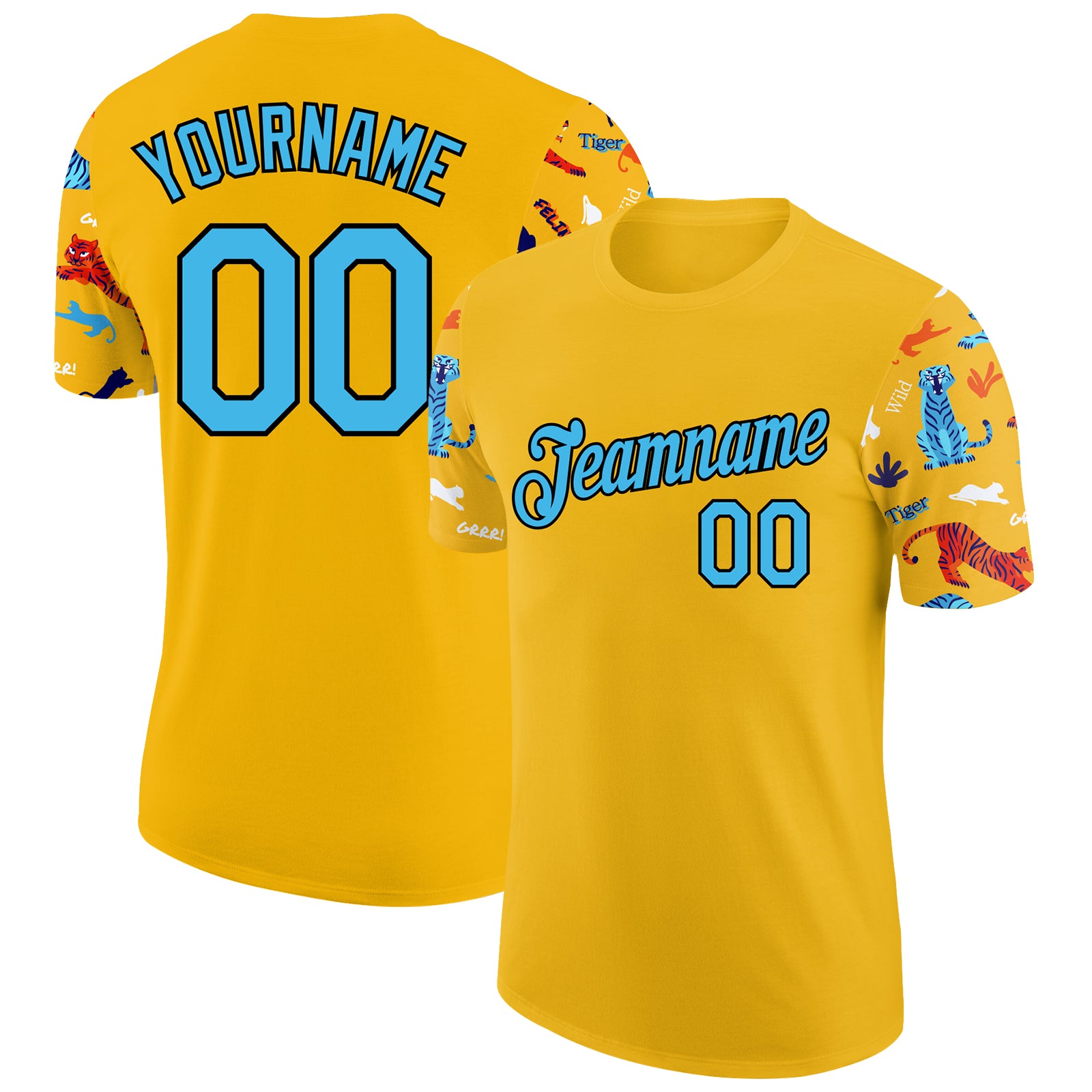 Custom Name and Number Tiger Performance T-Shirt - Personalized 3D Pattern in Yellow, Sky Blue, and Black Colors Personalized