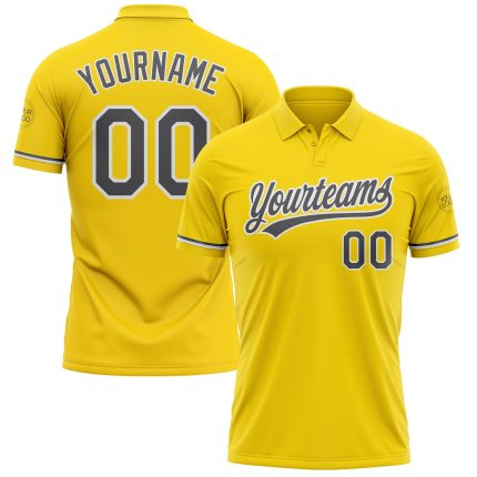 Custom Name Number Performance Vapor Golf Polo Shirt - Personalized Yellow Steel Gray-White Personalized Yellow Steel Gray-White