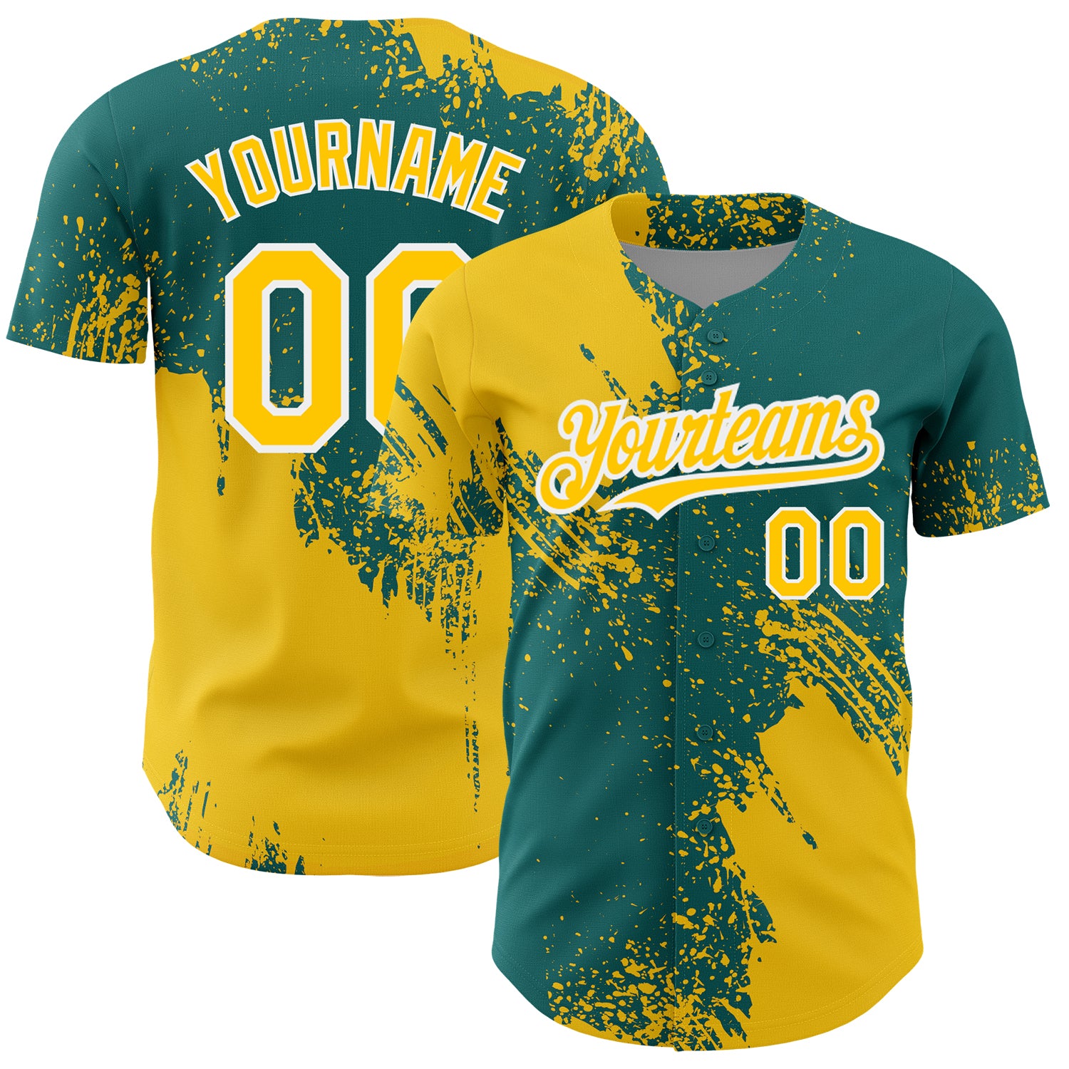 Custom Name and Number Authentic Baseball Jersey - Personalized Yellow Teal White 3D Abstract Brush Stroke Design Personalized