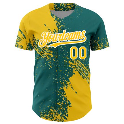 Custom Name and Number Authentic Baseball Jersey - Personalized Yellow Teal White 3D Abstract Brush Stroke Design Personalized