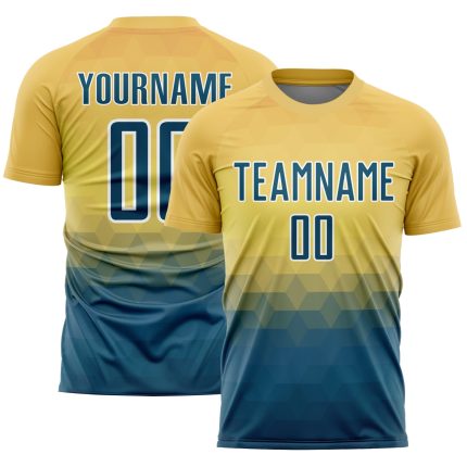 Customizable US Navy Geometric Triangle Soccer Jersey - Personalized Yellow and Blue-White Team Uniform with Name & Number