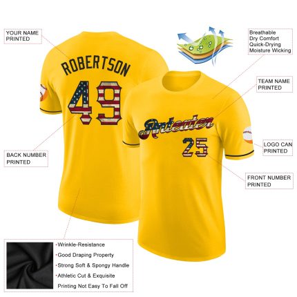 Custom USA Flag T-Shirt with Black Performance Fabric - Vintage Yellow Design, Personalized with Team Name and Number Personalized