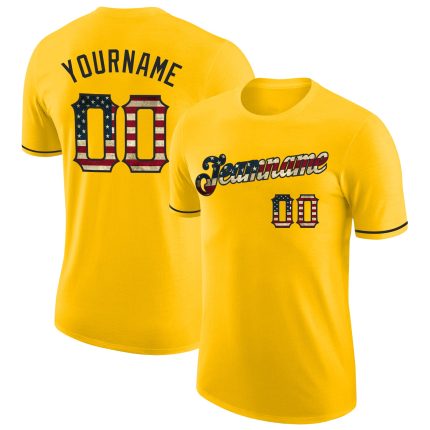 Custom USA Flag T-Shirt with Black Performance Fabric - Vintage Yellow Design, Personalized with Team Name and Number Personalized