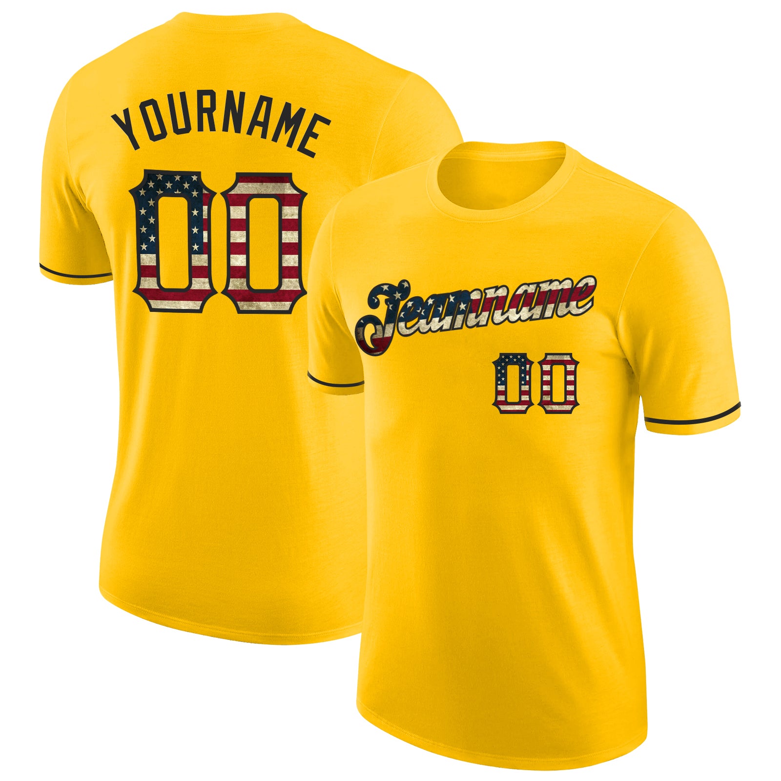 Custom USA Flag T-Shirt with Black Performance Fabric - Vintage Yellow Design, Personalized with Team Name and Number Personalized