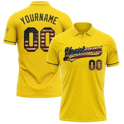 Personalized USA Flag Golf Polo Shirt with Custom Name & Number - Black Vintage Performance Vapor Style, Yellow Design Personalized